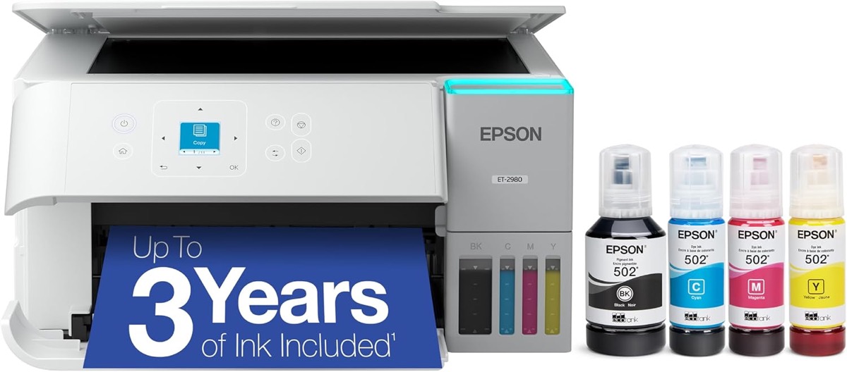 White Epson EcoTank ET-2980 printer with refillable ink bottles